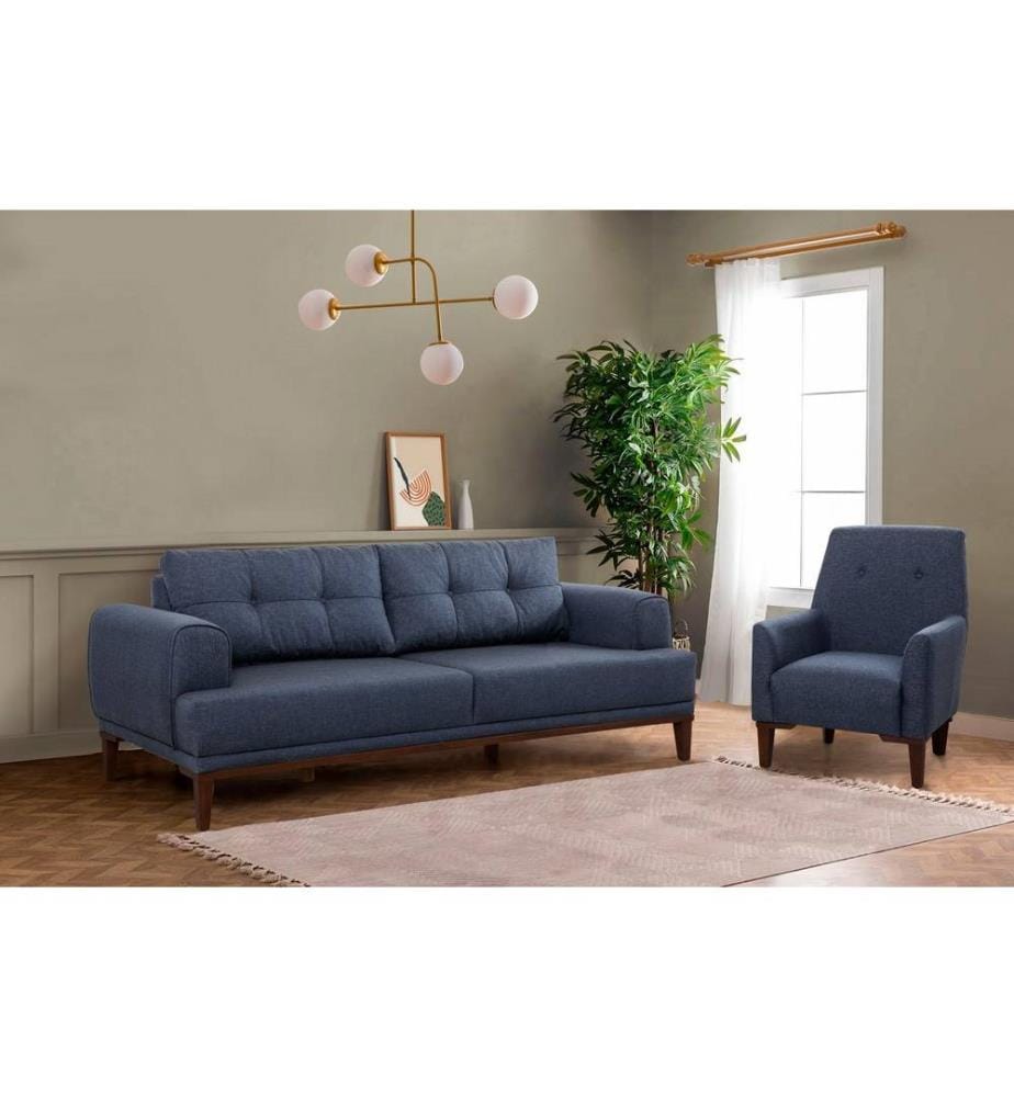 Set di divani, Blu scuro, Noce, Struttura: Carpino e abete, Tessuto: 100% poliestere
