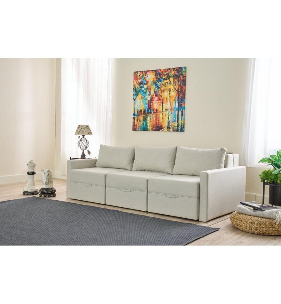 Ecksofa-Bett, cremefarben, Rahmen: 100 % TANNENHOLZ