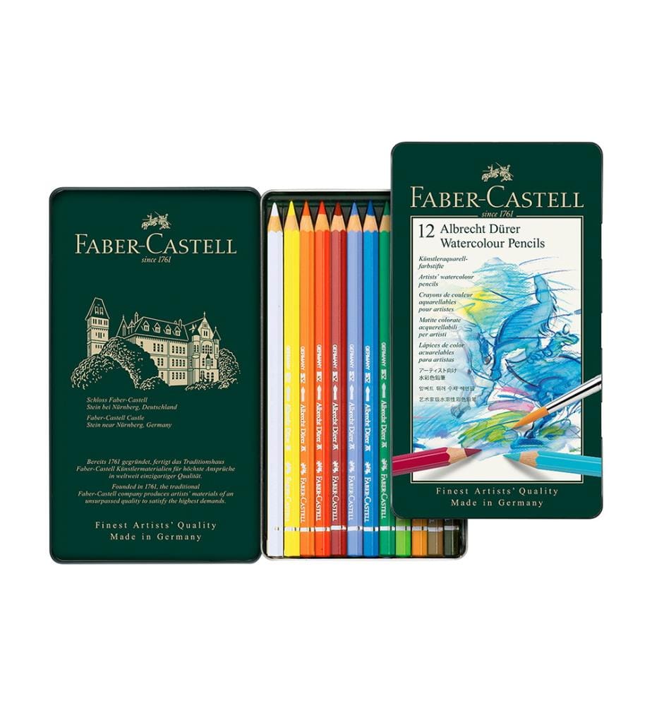 FABER CASTELL - Crayon de Couleur Aquarellable Albrecht Dürer, Boîte Métal de 12 Pcs