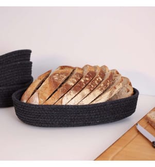 Corbeille à pain en coton, 4 pièces, noir, 100% coton, corde de jute, fait à la main