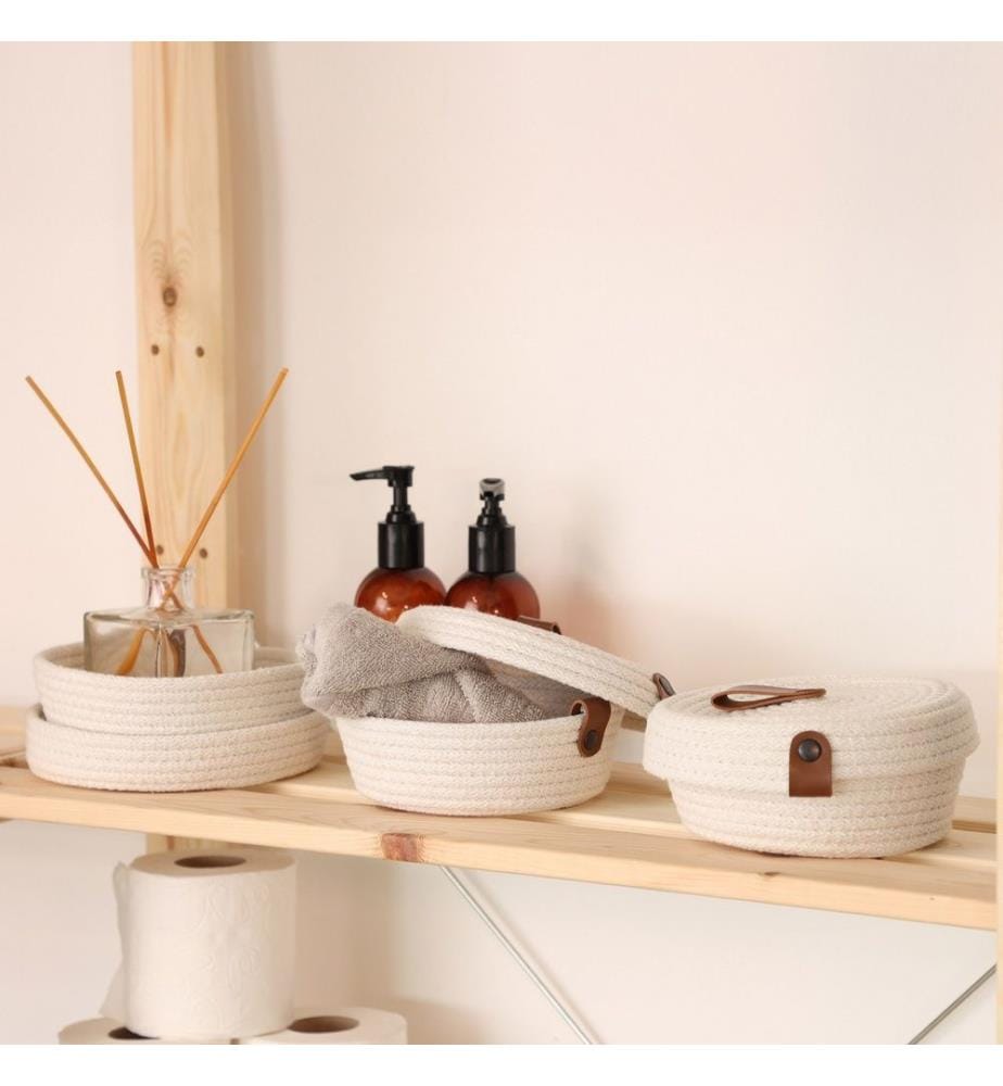 Panier en coton, 3 pièces, écru, 100% coton, corde de jute, fait main