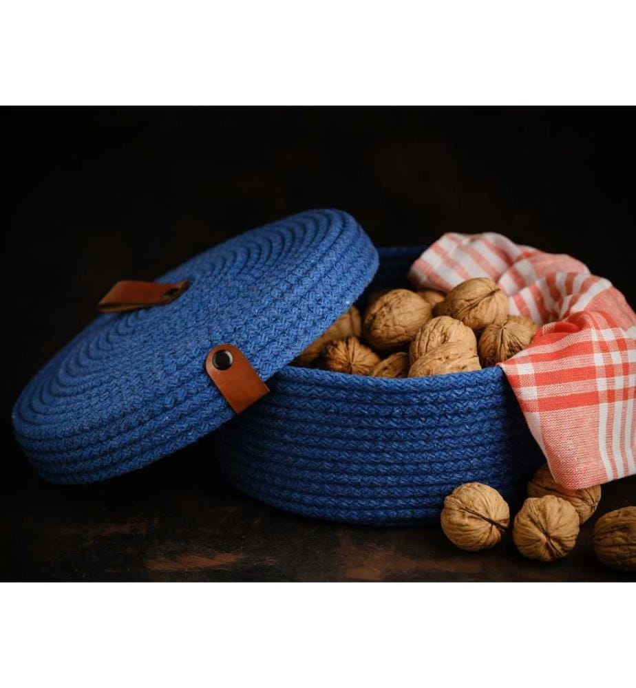 Panier en coton, 3 pièces, bleu, 100% coton corde de jute, fait à la main