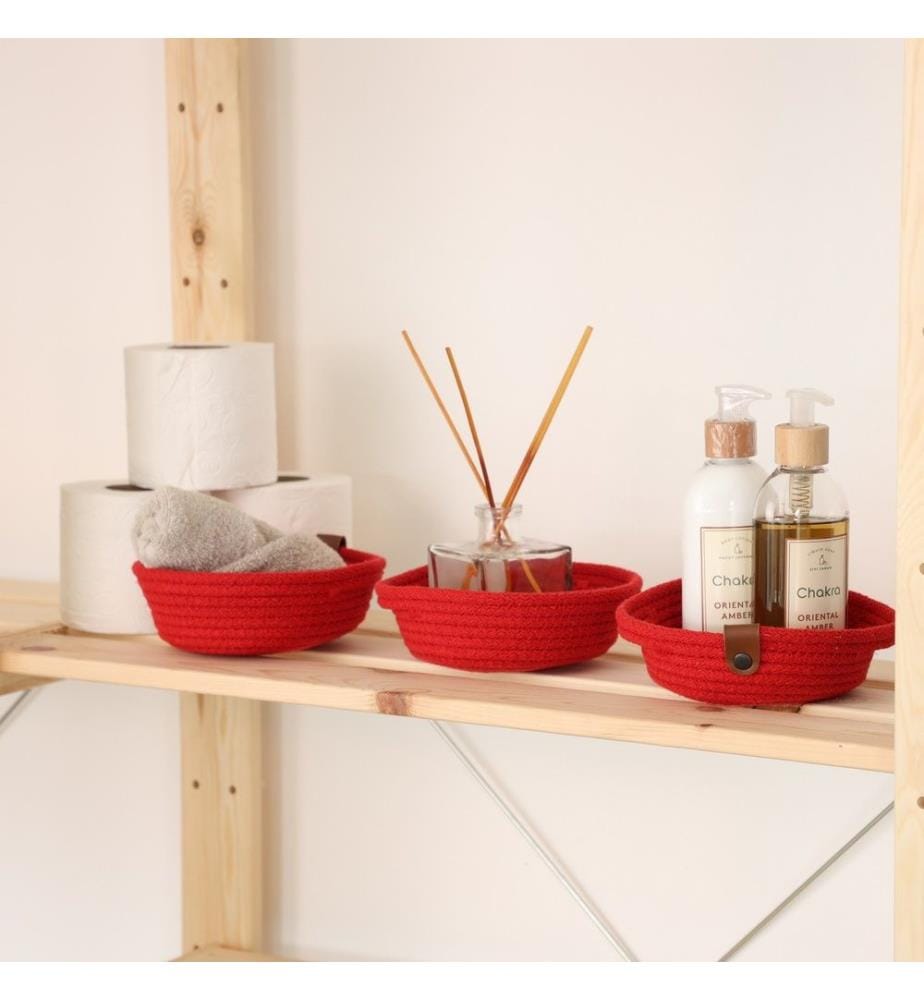 Panier en coton, 3 pièces, rouge, 100% coton, corde de jute, fait à la main