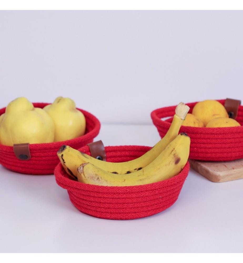 Panier en coton, 3 pièces, rouge, 100% coton, corde de jute, fait à la main
