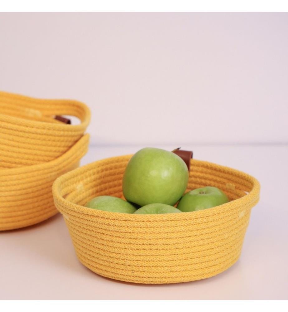Panier en coton, 3 pièces, jaune, 100% coton corde de jute, fait à la main