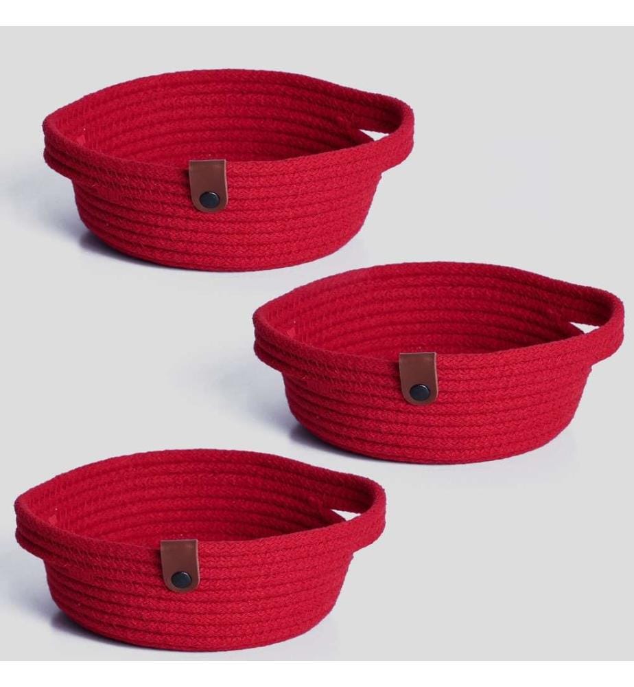 Panier en coton, 3 pièces, rouge, 100% coton, corde de jute, fait à la main