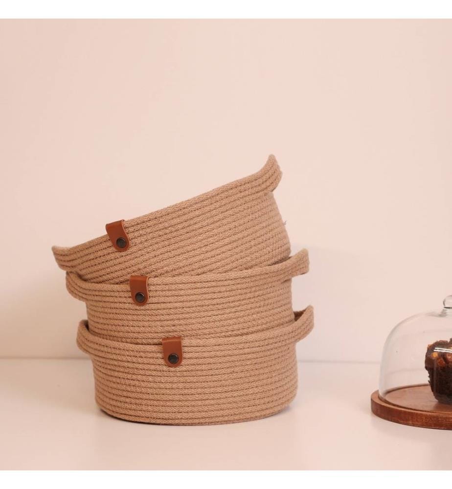 Panier en coton, 3 pièces, beige, 100% coton corde de jute, fait à la main