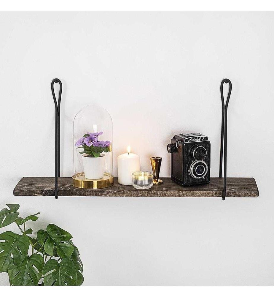 Wall Shelf, Black Dark Walnut, Spruce Wood, Metal Frame