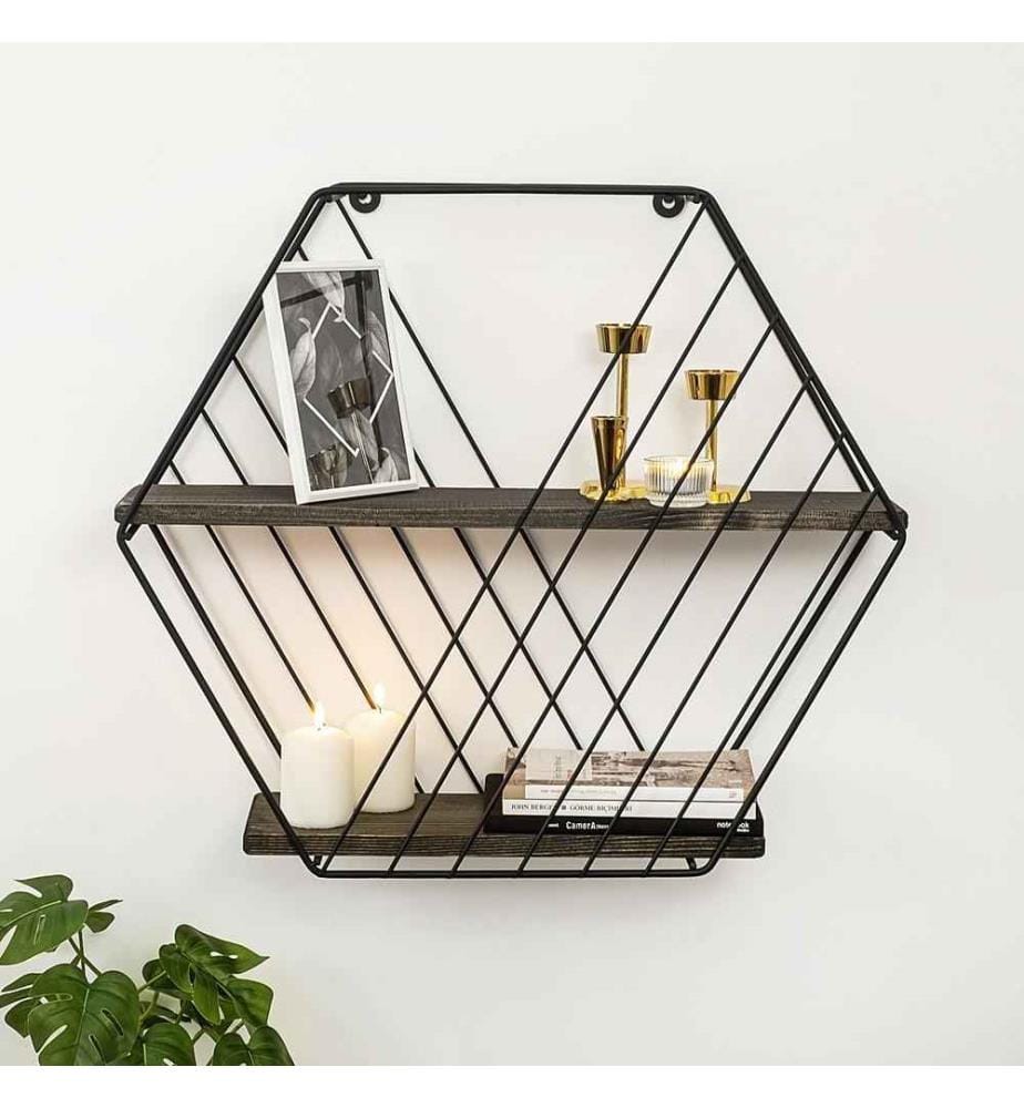 Wall Shelf, Black Dark Walnut, Spruce Wood, Metal Frame