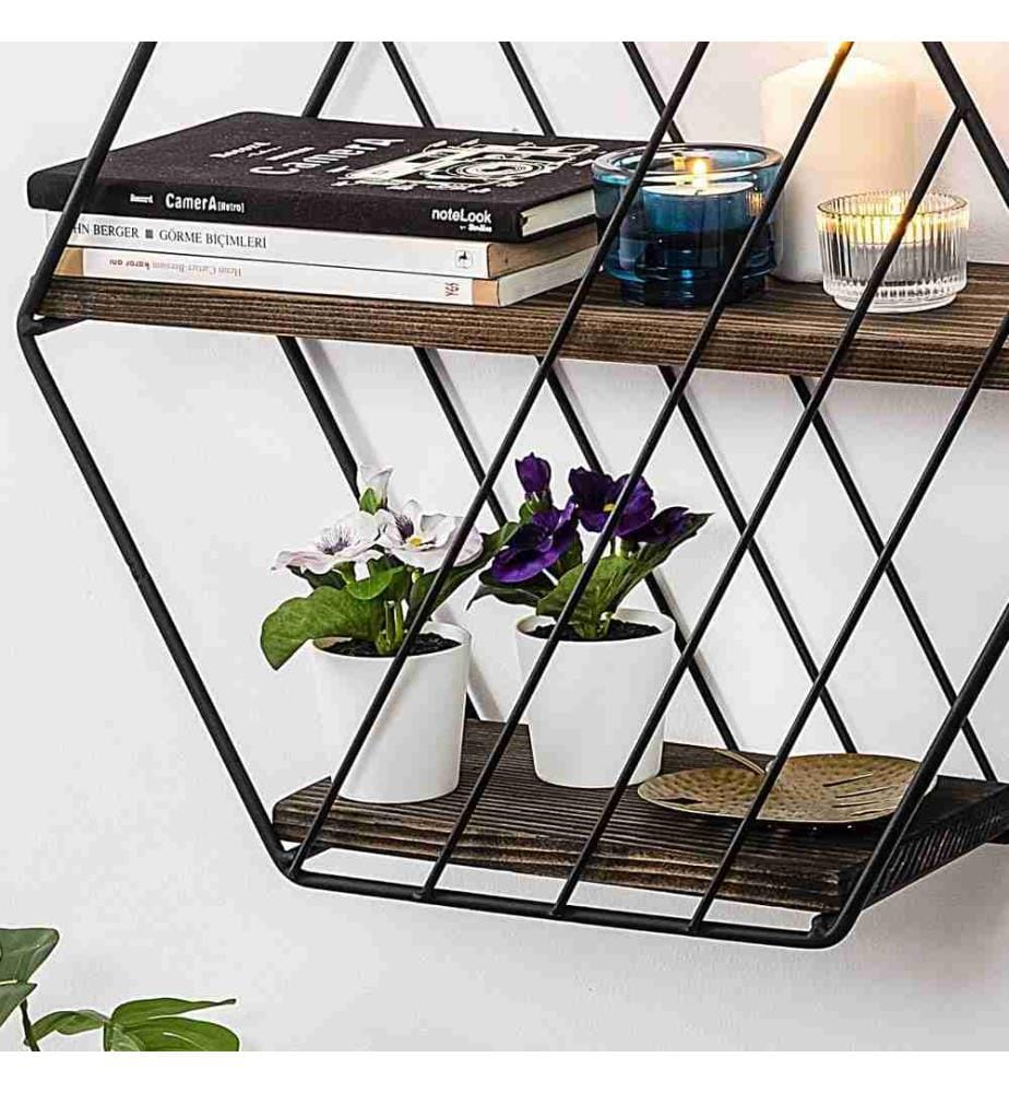 Wall Shelf, Black Dark Walnut, Spruce Wood, Metal Frame