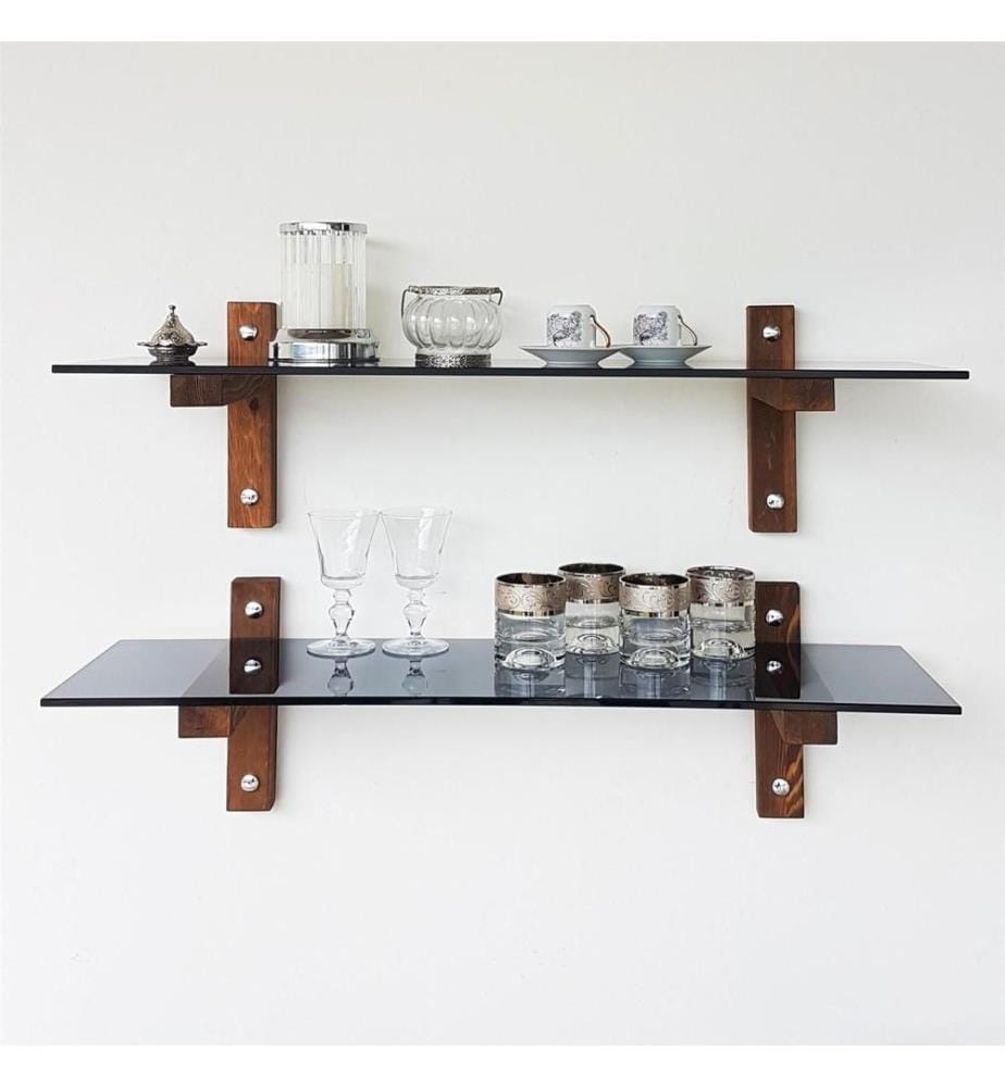 Wandregal, Walnussholz, gehärtetes Glas