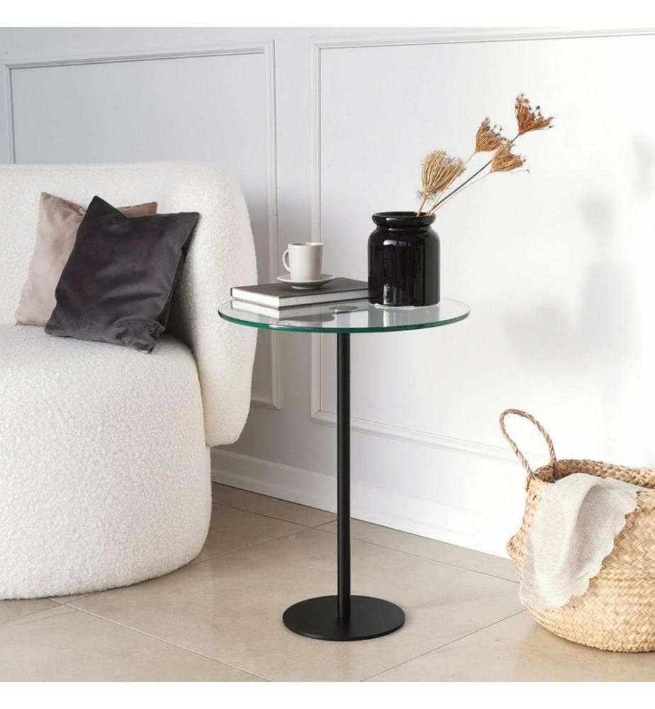 Table basse, noire, verre trempé, pieds en métal