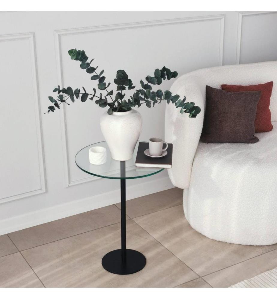 Table basse, noire, verre trempé, pieds en métal