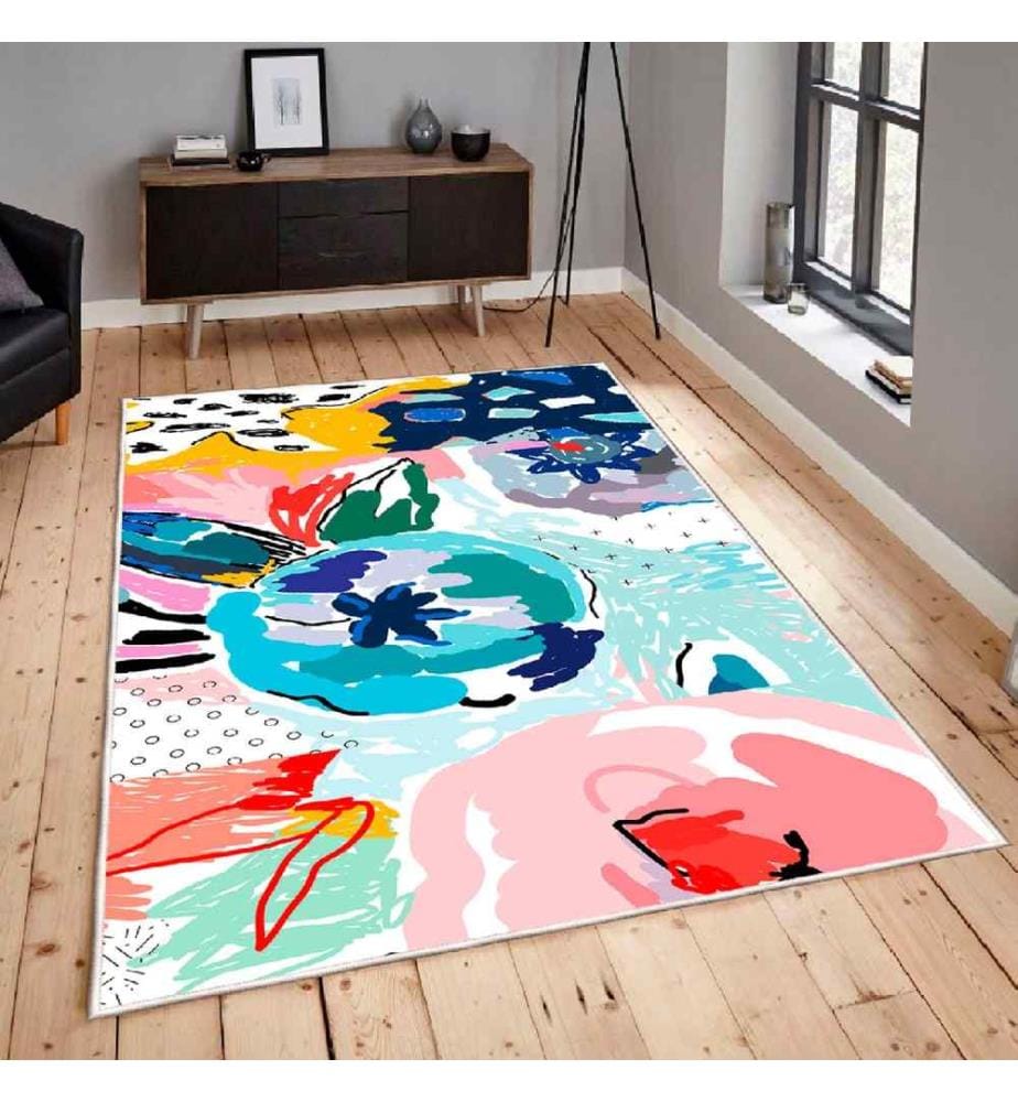 Tapis, blanc, bleu, turquoise, vert, rouge, 100% coton, 80 x 150 cm