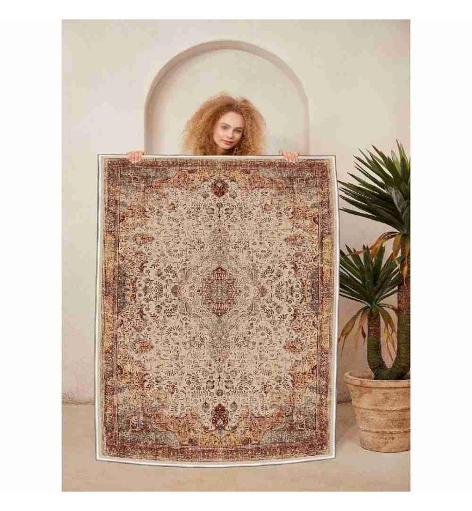 Carpet, Beige, Red, Camel, 100% Cotton, 100 x 300 cm