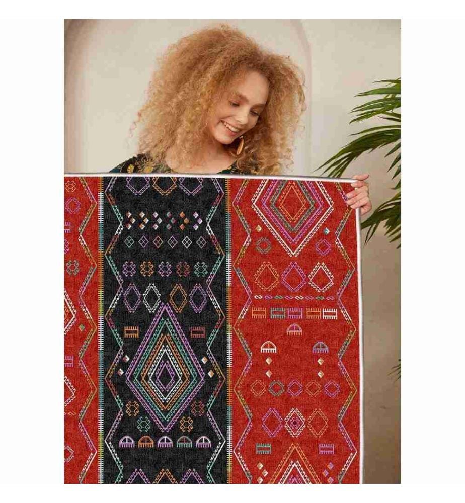 Carpet, White, Red, Green, Black, 100% Cotton, 100 x 150 cm