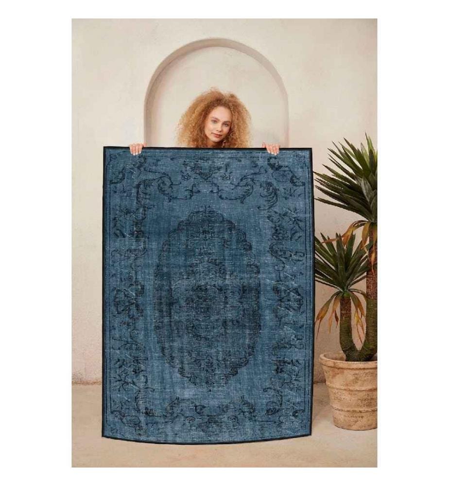 Tapis, bleu marine, noir, 100% coton, 80 x 120 cm