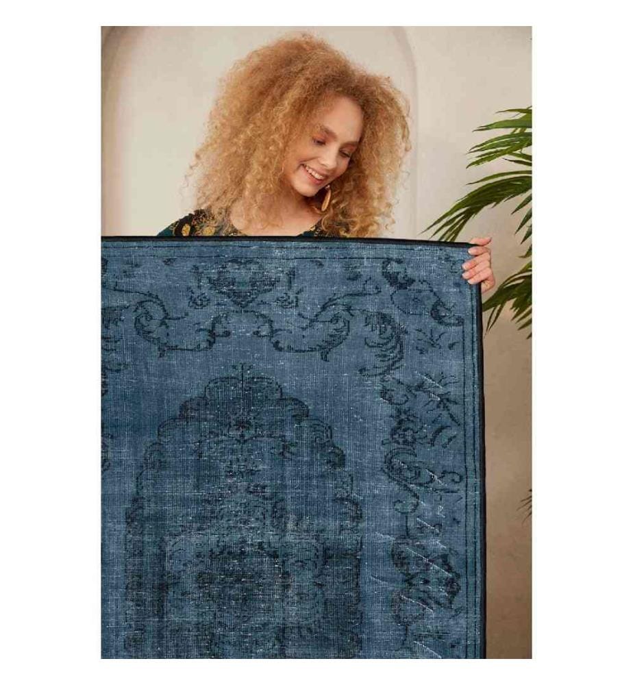 Tapis, bleu marine, noir, 100% coton, 80 x 120 cm