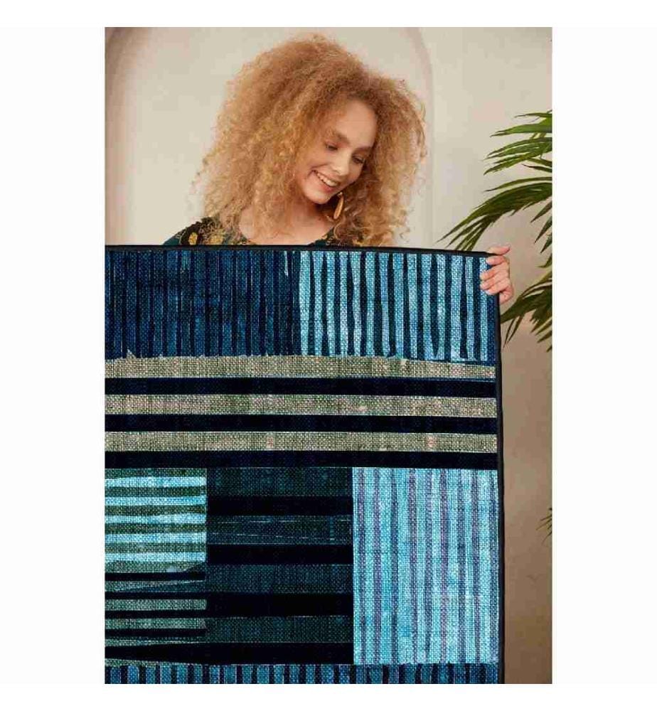 Tapis, blanc, jaune, bleu, bleu marine, 100% coton, 100 x 200 cm