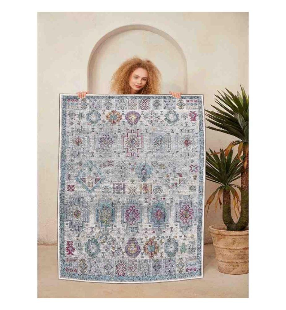 Carpet, Pink, Blue, Green, Grey, 100% Cotton, 80 x 300 cm