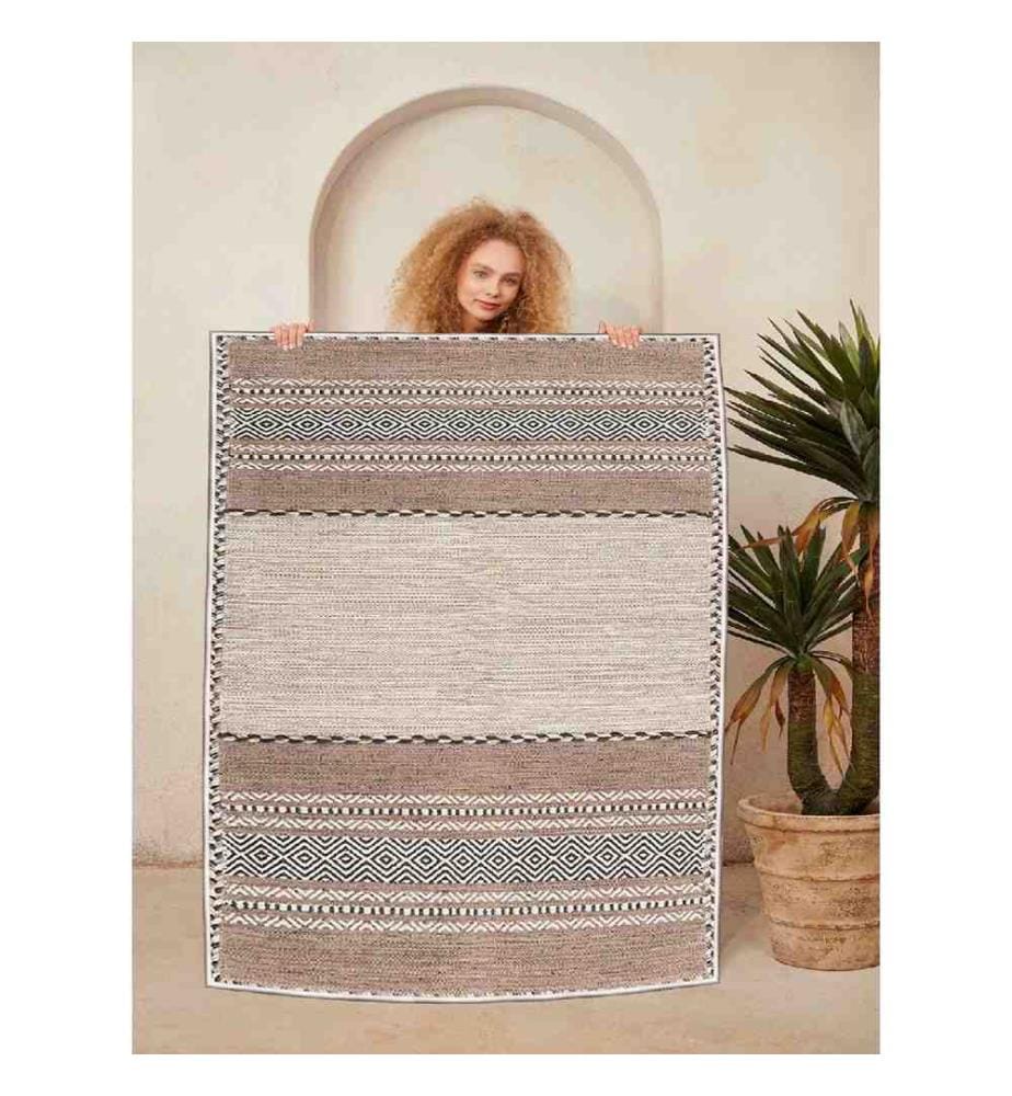 Teppich, Beige, Braun, Schwarz, 100% Baumwolle, 80 x 150 cm