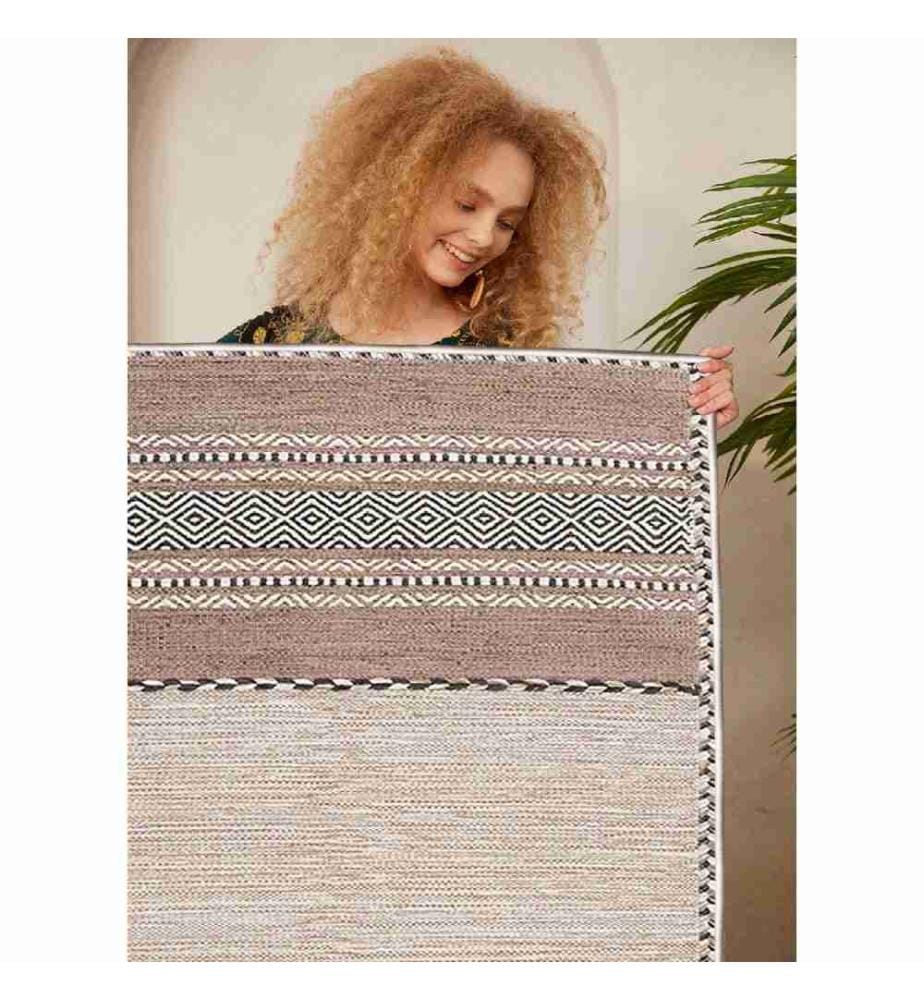 Teppich, Beige, Braun, Schwarz, 100% Baumwolle, 80 x 150 cm