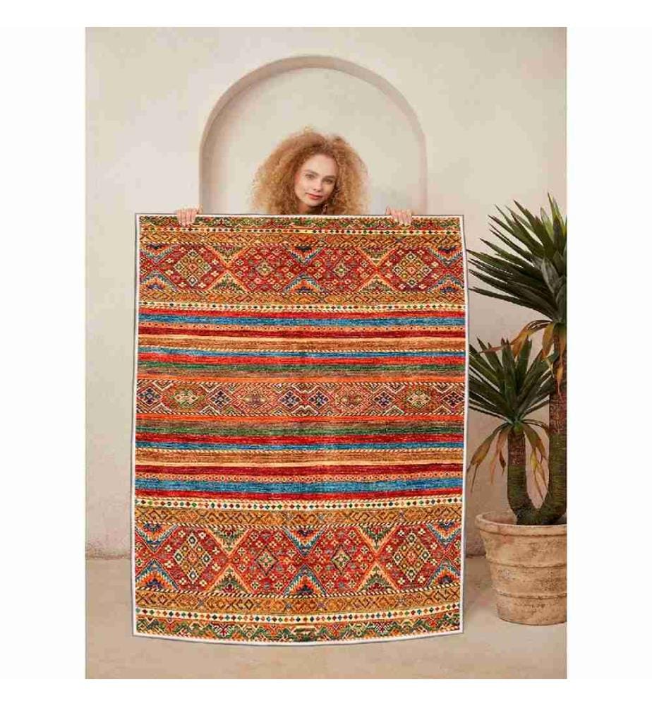 Tapis, crème, rouge, orange, camel, bleu, 100% coton, 80 x 200 cm