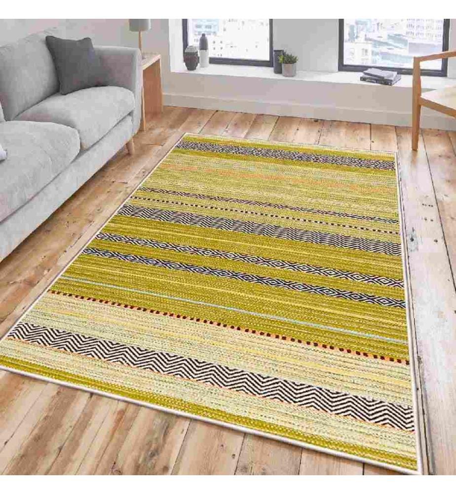 Carpet, White, Yellow, Green, Black, 100% Cotton, 120 x 180 cm