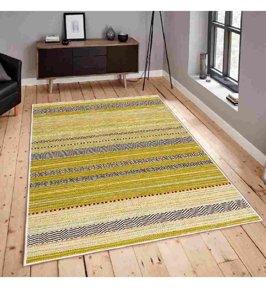 Carpet, White, Yellow, Green, Black, 100% Cotton, 120 x 180 cm