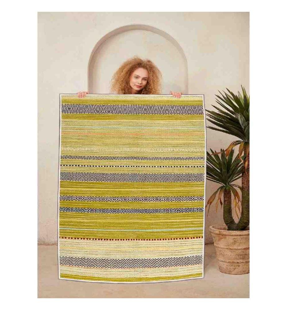 Carpet, White, Yellow, Green, Black, 100% Cotton, 120 x 180 cm