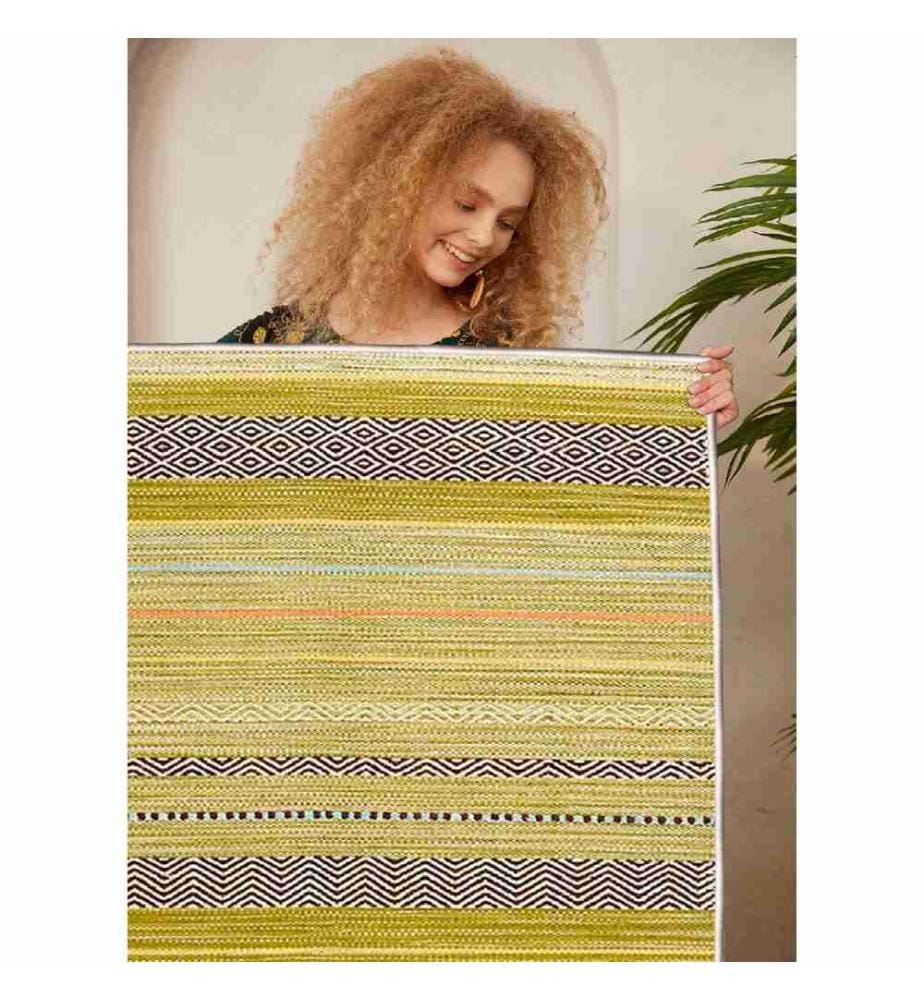 Carpet, White, Yellow, Green, Black, 100% Cotton, 120 x 180 cm