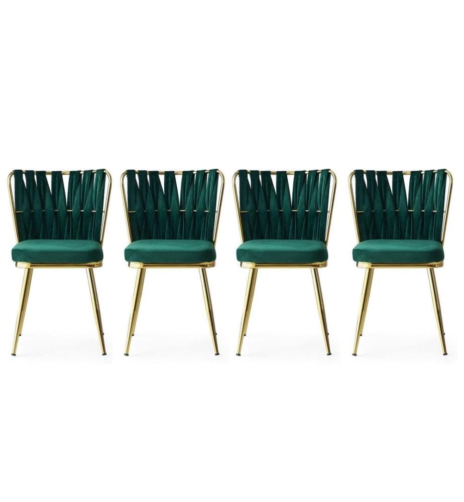 Ensemble de chaises, 4 pièces, vert doré, structure métallique, tissu velours - assise en panneaux de particules mélaminés