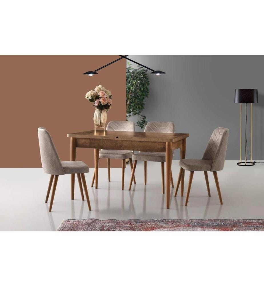 Ensemble de chaises, 4 pièces, beige noyer, structure en métal, assise en tissu de velours