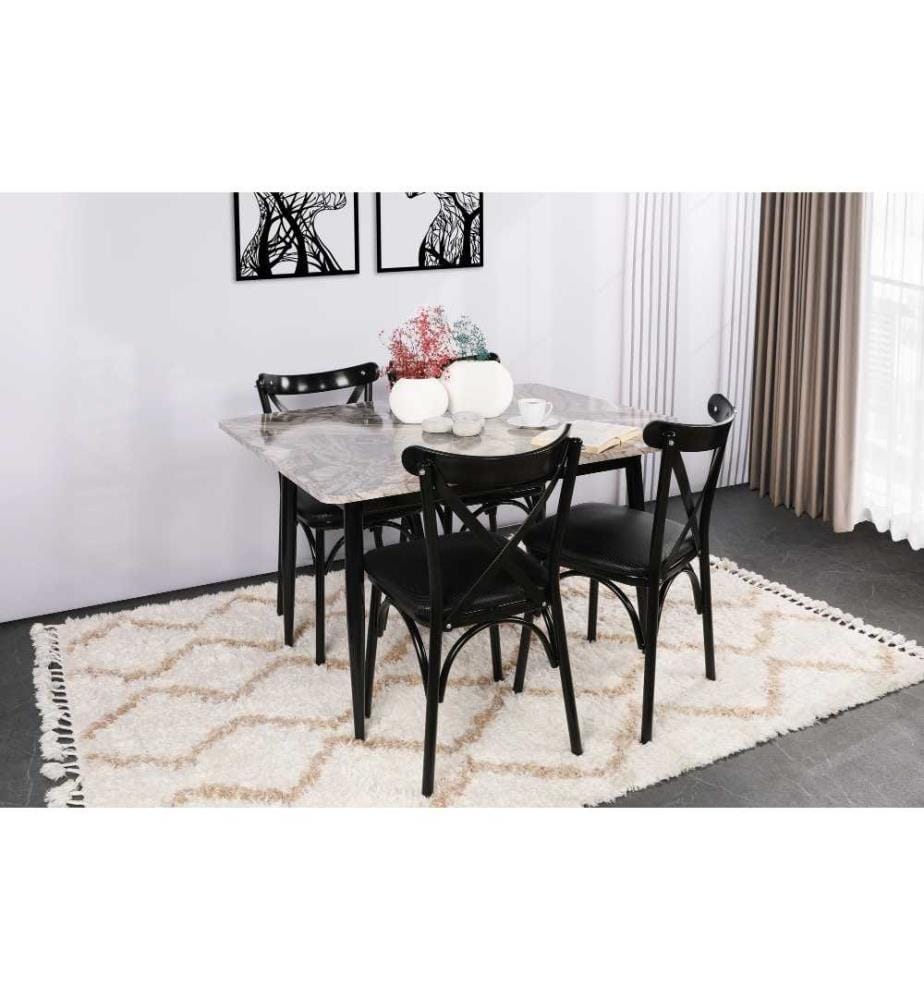 Stuhl-Set, 4 Teile, Schwarz, Melaminbeschichtete Spanplatte, Metallbeine