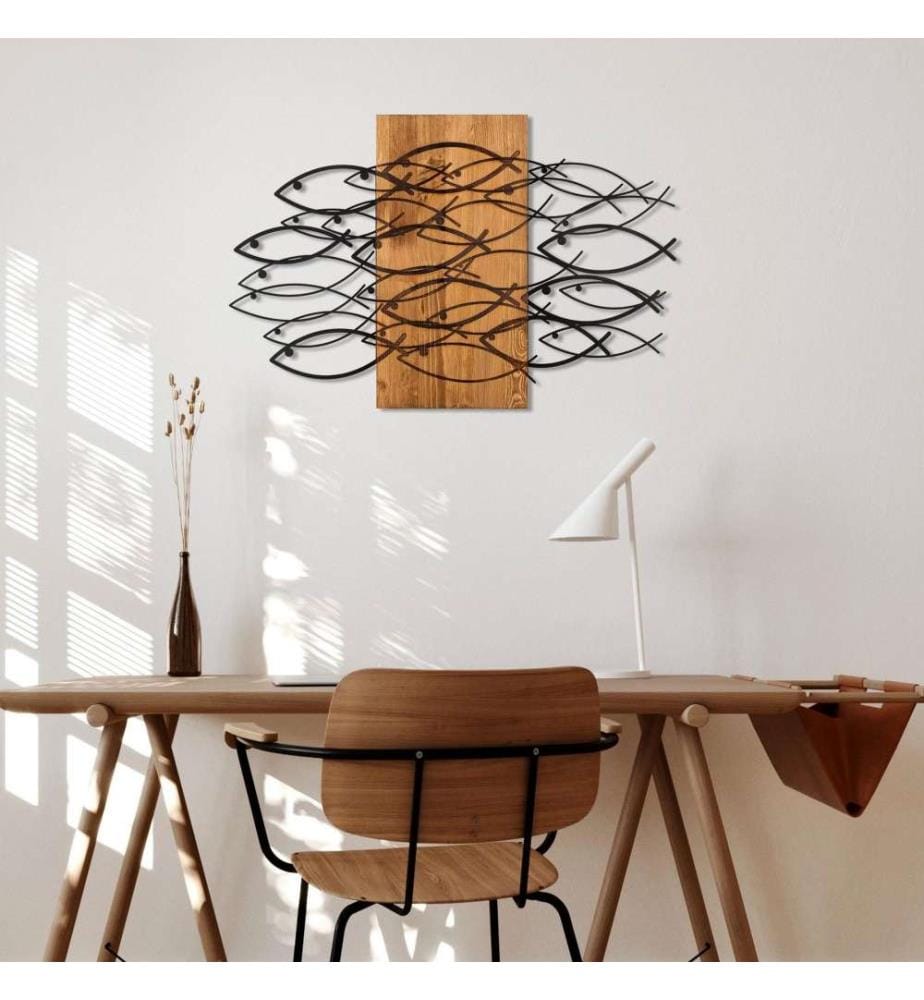 Accessorio decorativo da parete in legno, noce nero, metallo, struttura in legno