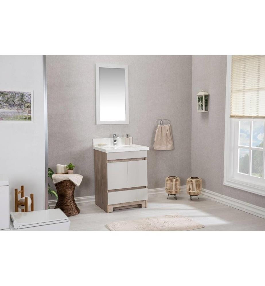 Ensemble de meubles de salle de bain, 2 pièces, chêne, MDF laqué, bois massif, comptoir en quartz blanc et évier en porcelaine sous plan