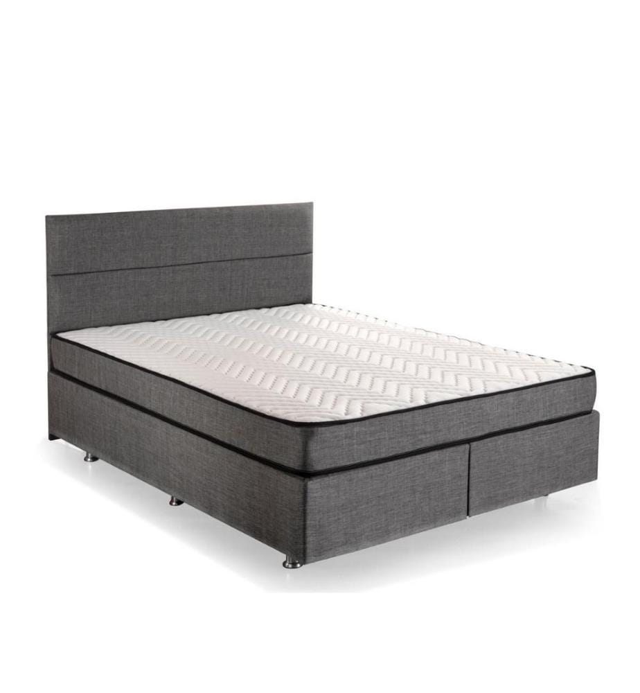 Matelas double, sommier et tête de lit, gris, cadre en acier, tissu Soho