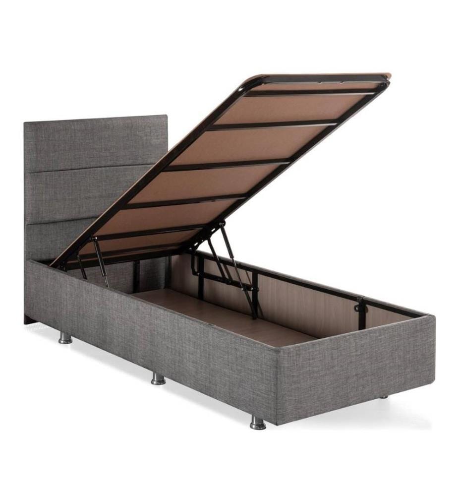 Matelas, sommier et tête de lit simples, gris, cadre en acier, tissu Soho