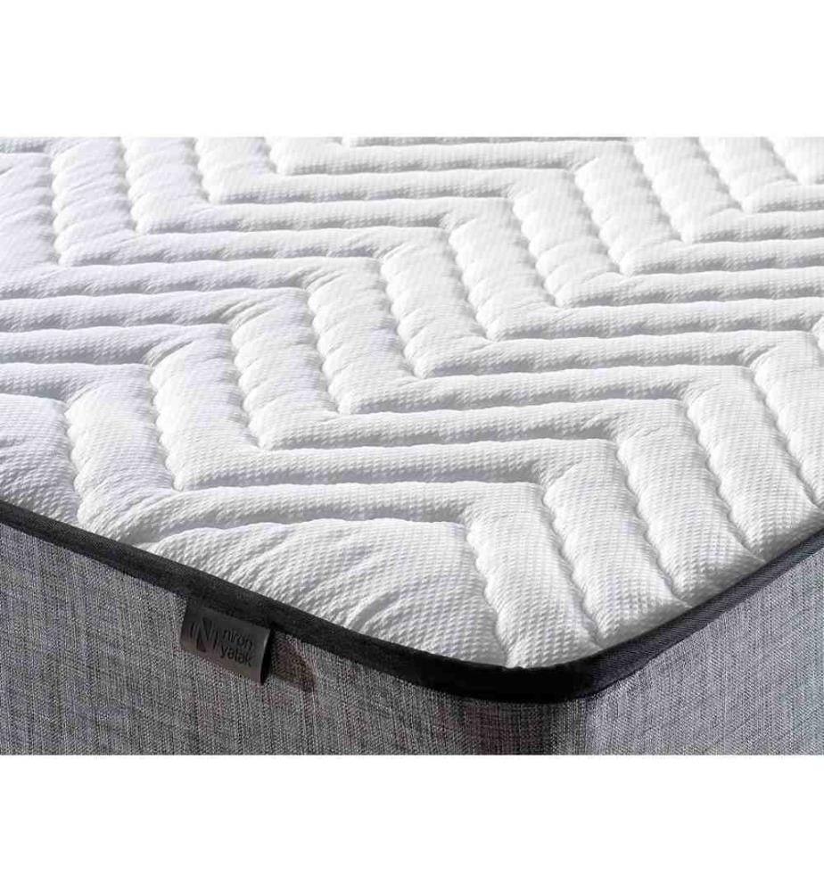 Matelas, sommier et tête de lit simples, gris, cadre en acier, tissu Soho