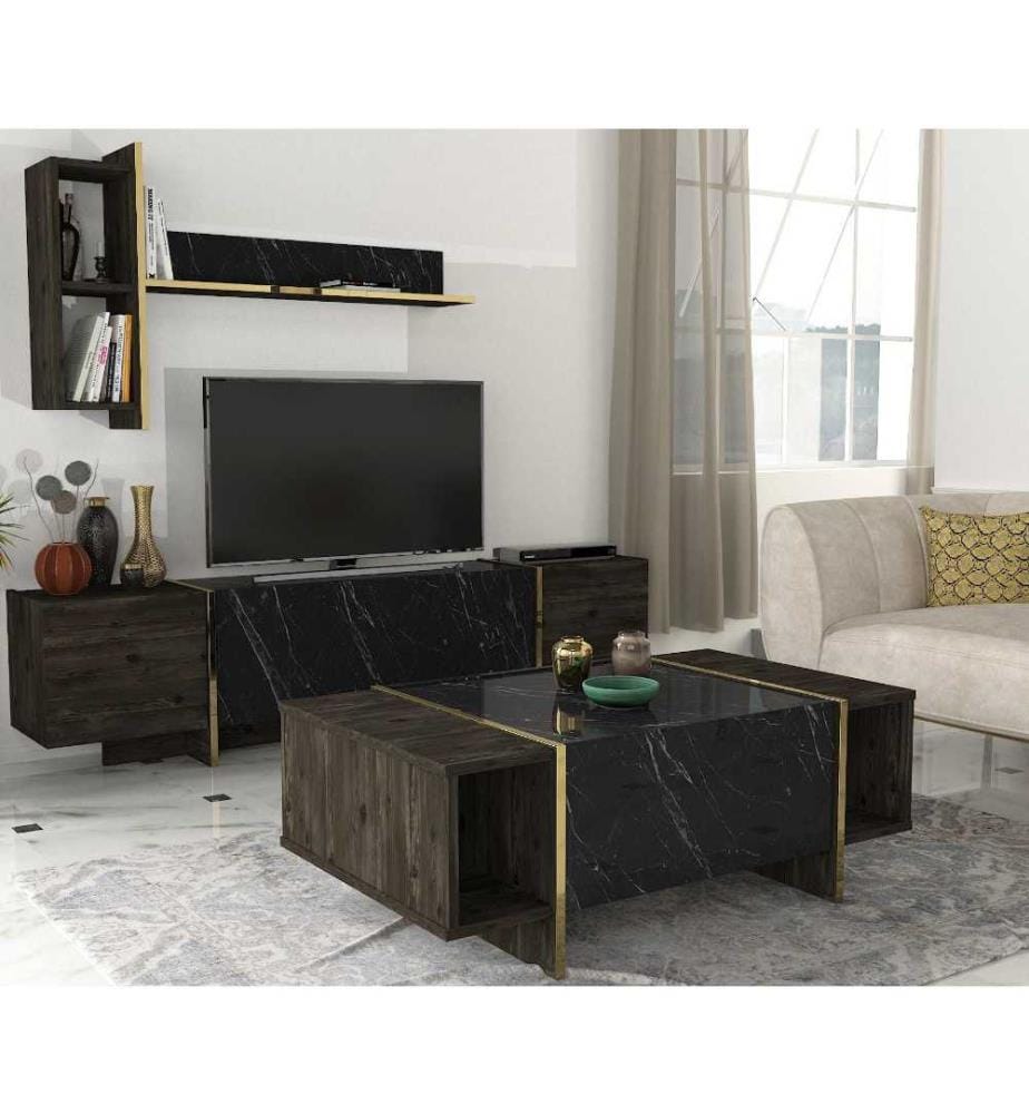 Wohnzimmermöbel-Set, Schwarz, Gold, Melaminbeschichtete Spanplatte