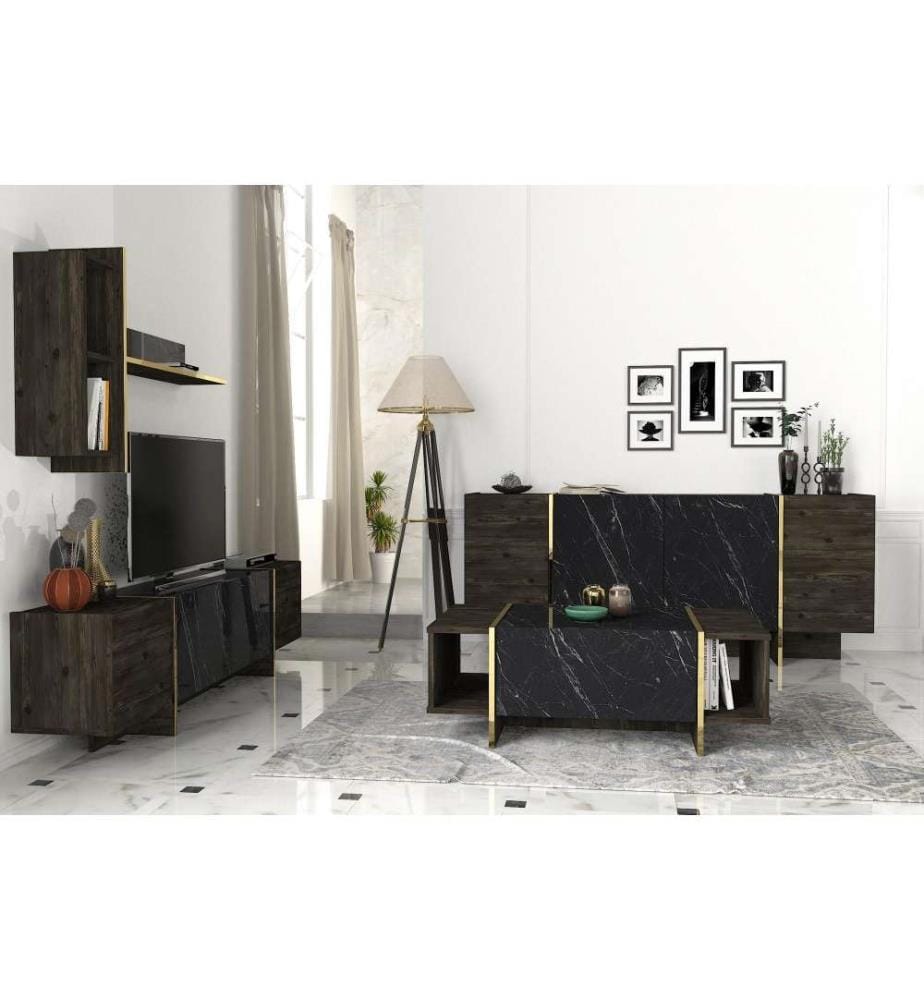 Ensemble de meubles de salon, noir, or, panneaux de particules mélaminés