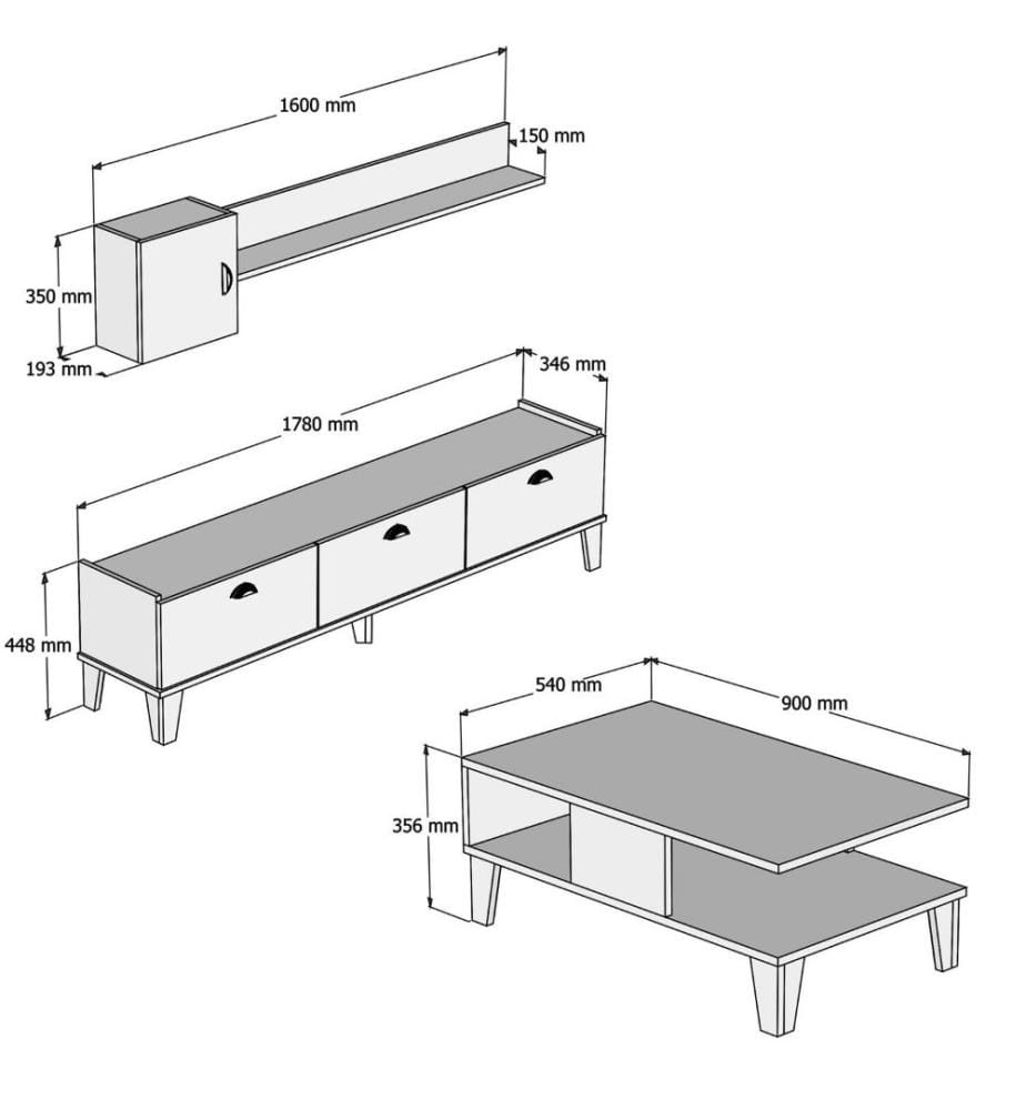 Wohnzimmermöbel-Set, Eiche, Weiss, Melaminbeschichtete Spanplatte