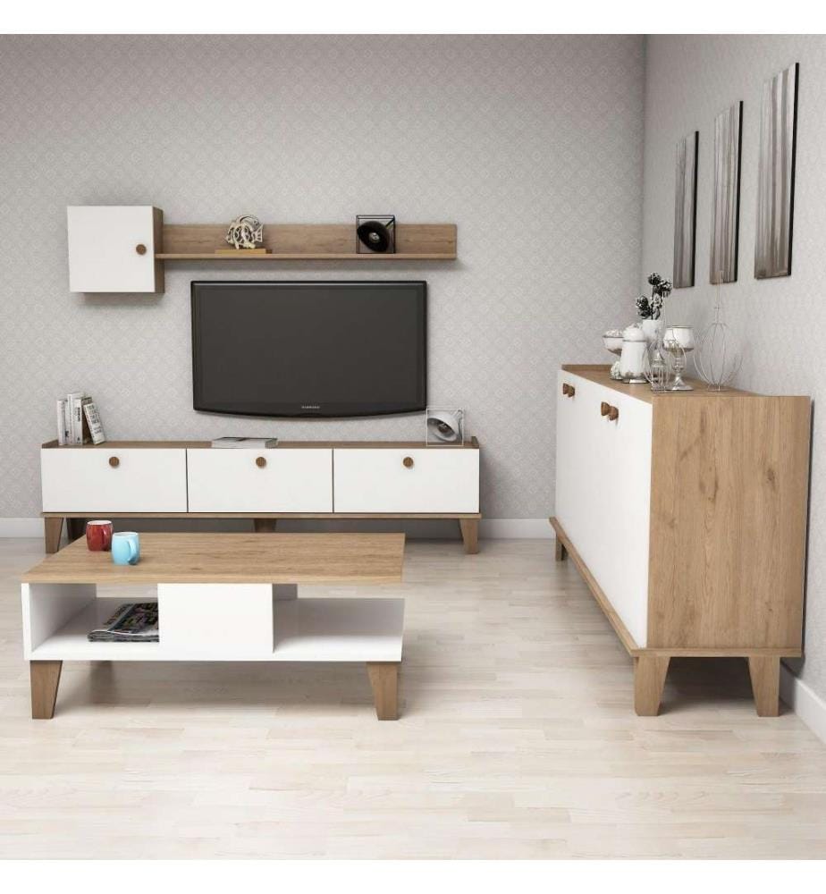 Wohnzimmermöbel-Set, Eiche, Weiss, Melaminbeschichtete Spanplatte