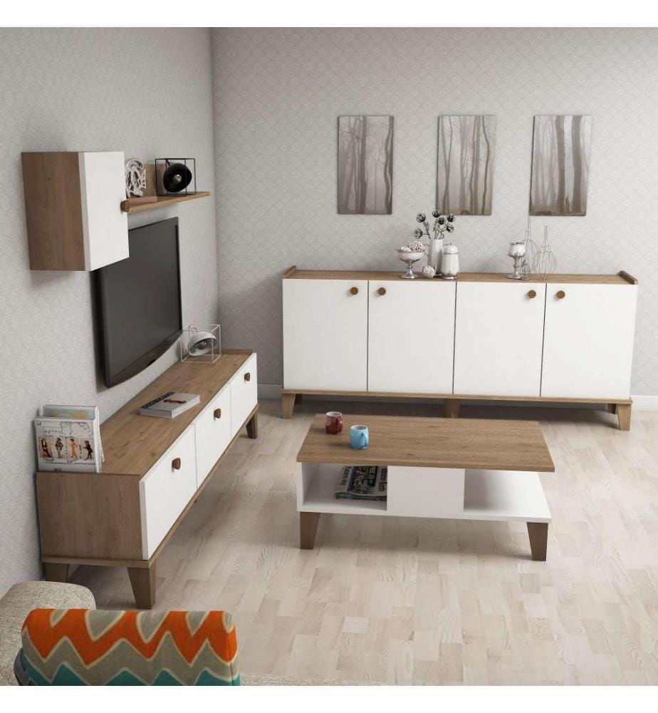 Wohnzimmermöbel-Set, Eiche, Weiss, Melaminbeschichtete Spanplatte