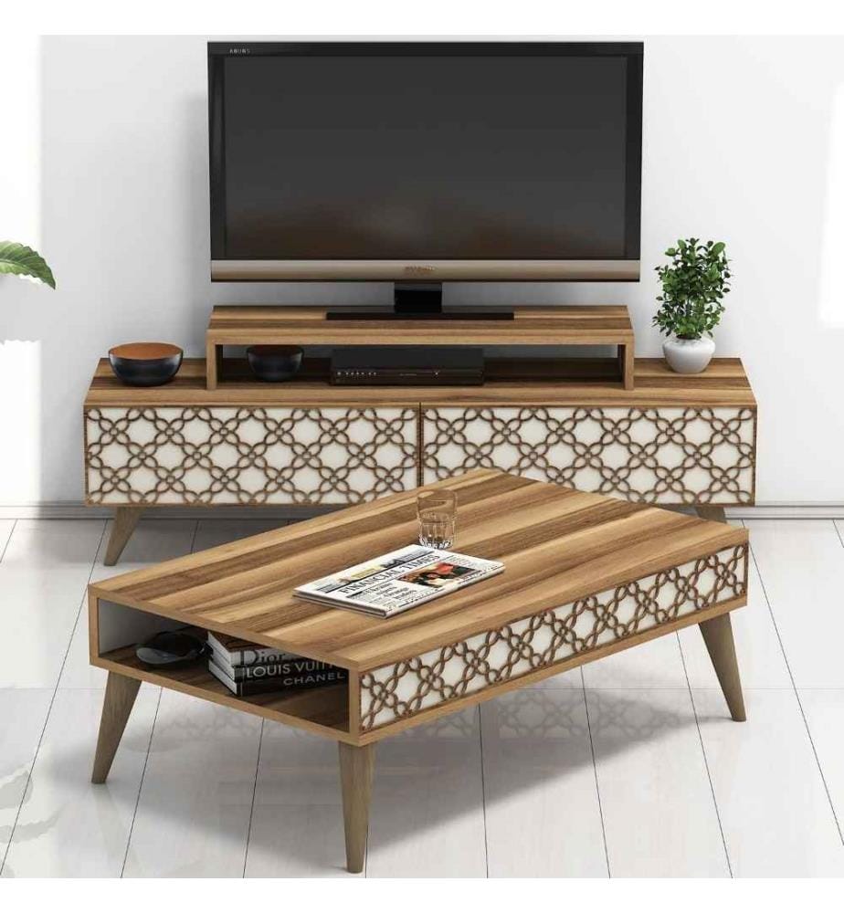 Wohnzimmer-Möbel-Set, Nussbaum, Creme, Melaminharzbeschichtete Spanplatte