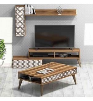 Wohnzimmer-Möbel-Set, Nussbaum, Weiss, Melaminharzbeschichtete Spanplatte