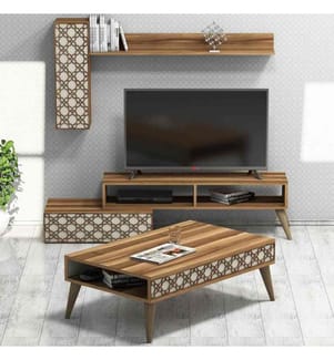Wohnzimmer-Möbel-Set, Nussbaum, Creme, Melaminharzbeschichtete Spanplatte