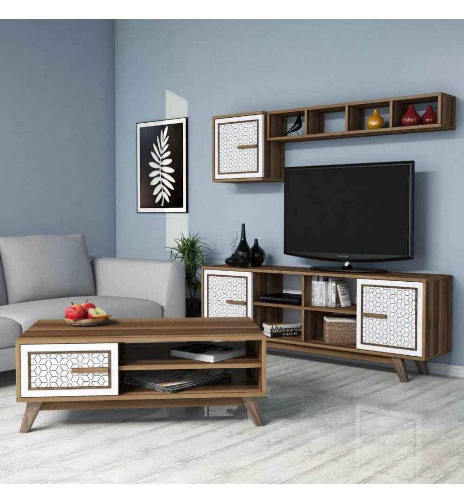 Ensemble de meubles de salon, noyer, blanc, panneaux de particules mélaminés