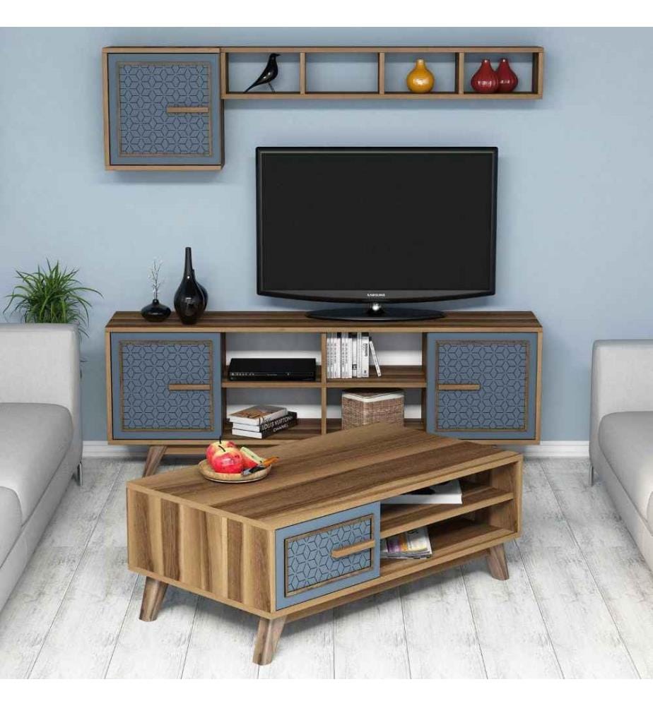Living Room Furniture Set, Walnut, Blue, Melamine Coated Particle Board