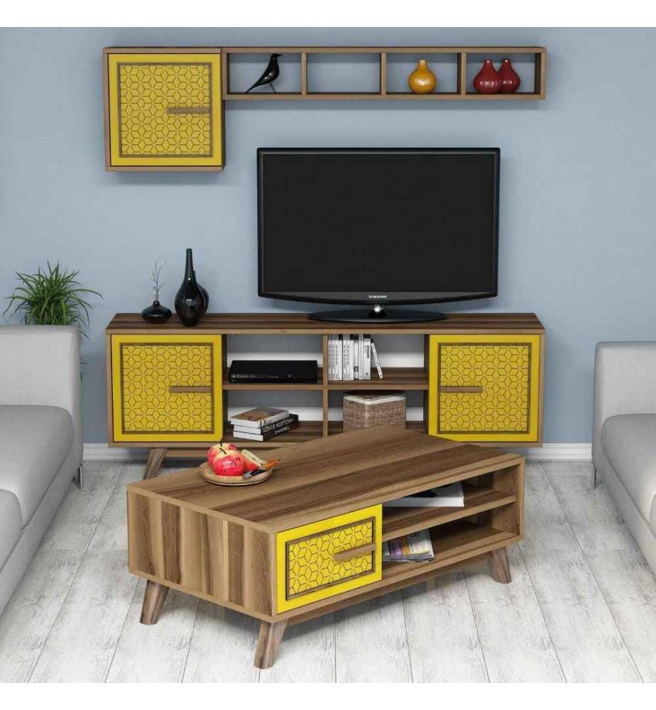 Living Room Furniture Set, Walnut, Yellow, Melamine Coated Particle Board